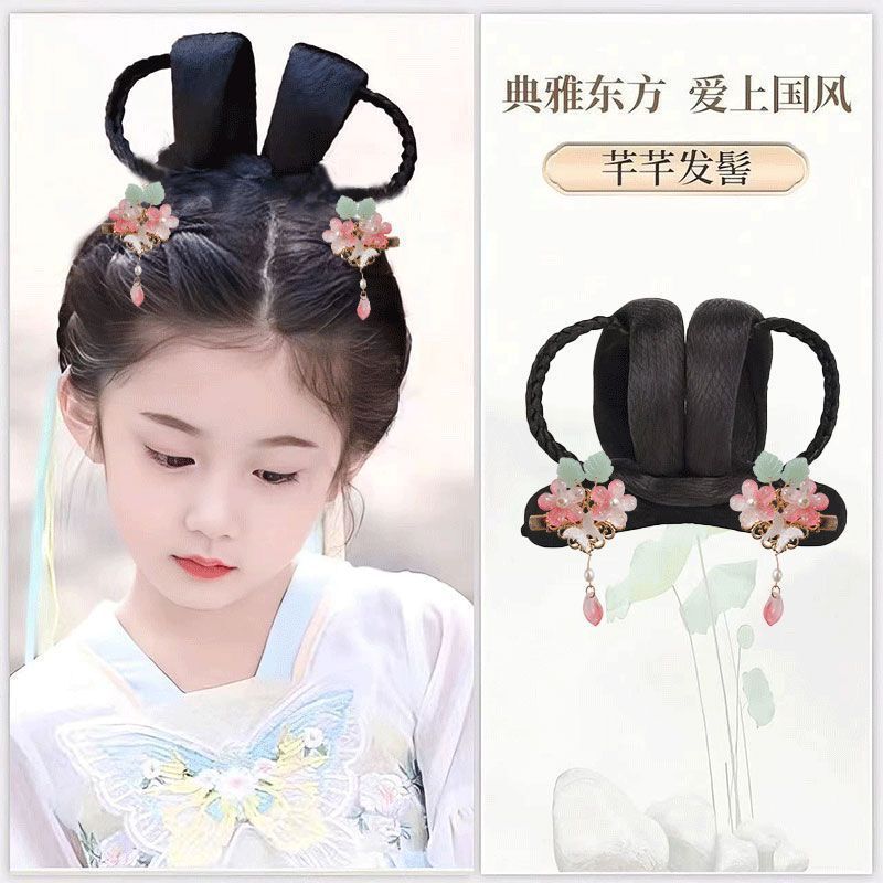子供用古代衣装ヘアピース、かわいい女の子用漢服風ヘアピースセット、シンプルで多用途な古代風おだんごヘアバッグ|undefined