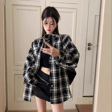 美式复古黑白格子衬衫外套女春秋高级感休闲宽松慵懒风中长款上衣