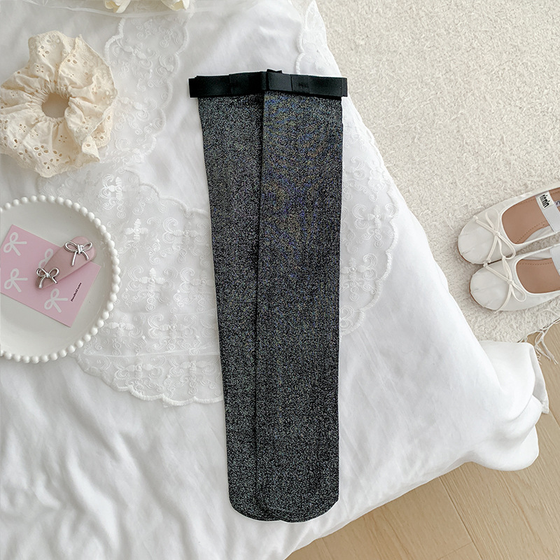 Botas Calcetines de pantorrilla de algodón para mujer Primavera y verano Pajarita de seda plateada delgada Miu estilo ballet niña apilando calcetines hasta la rodilla