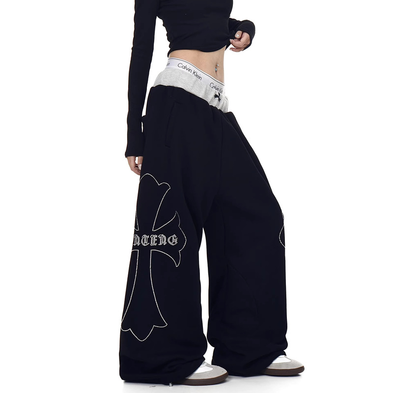American-Style Hip-Hop Rhinestone Cross Wide-Leg Sweatpants for Women, Spring Season, Double Waistband, Color-Blocking, Straight-Leg, Slimming Casual Pants