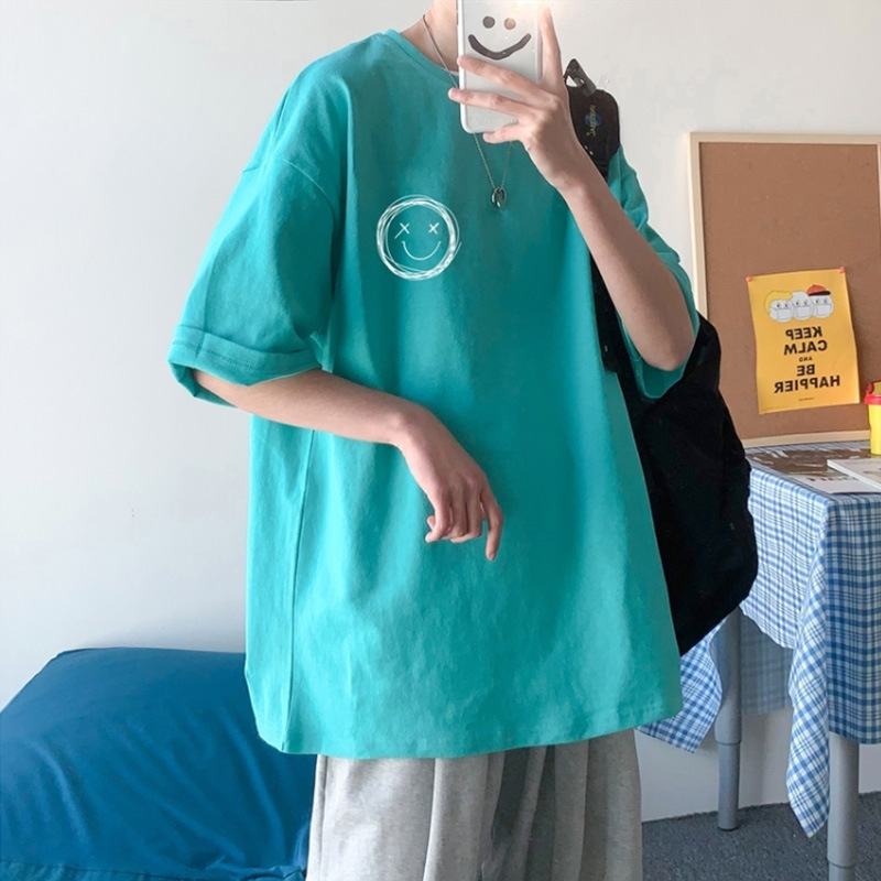Kurzarm für Herren Sommer 2022 Neues lockeres Rundhals-T-Shirt mit lächelndem Gesicht in koreanischer Version Trendy Instagram Casual_voghion.com