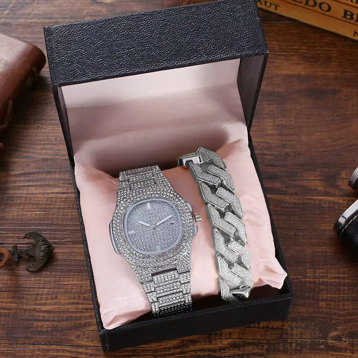 Comercio exterior estrellado acero cinturón hombres reloj hip hop estilo punk reloj pulsera traje diamante calendario hombres reloj de cuarzo