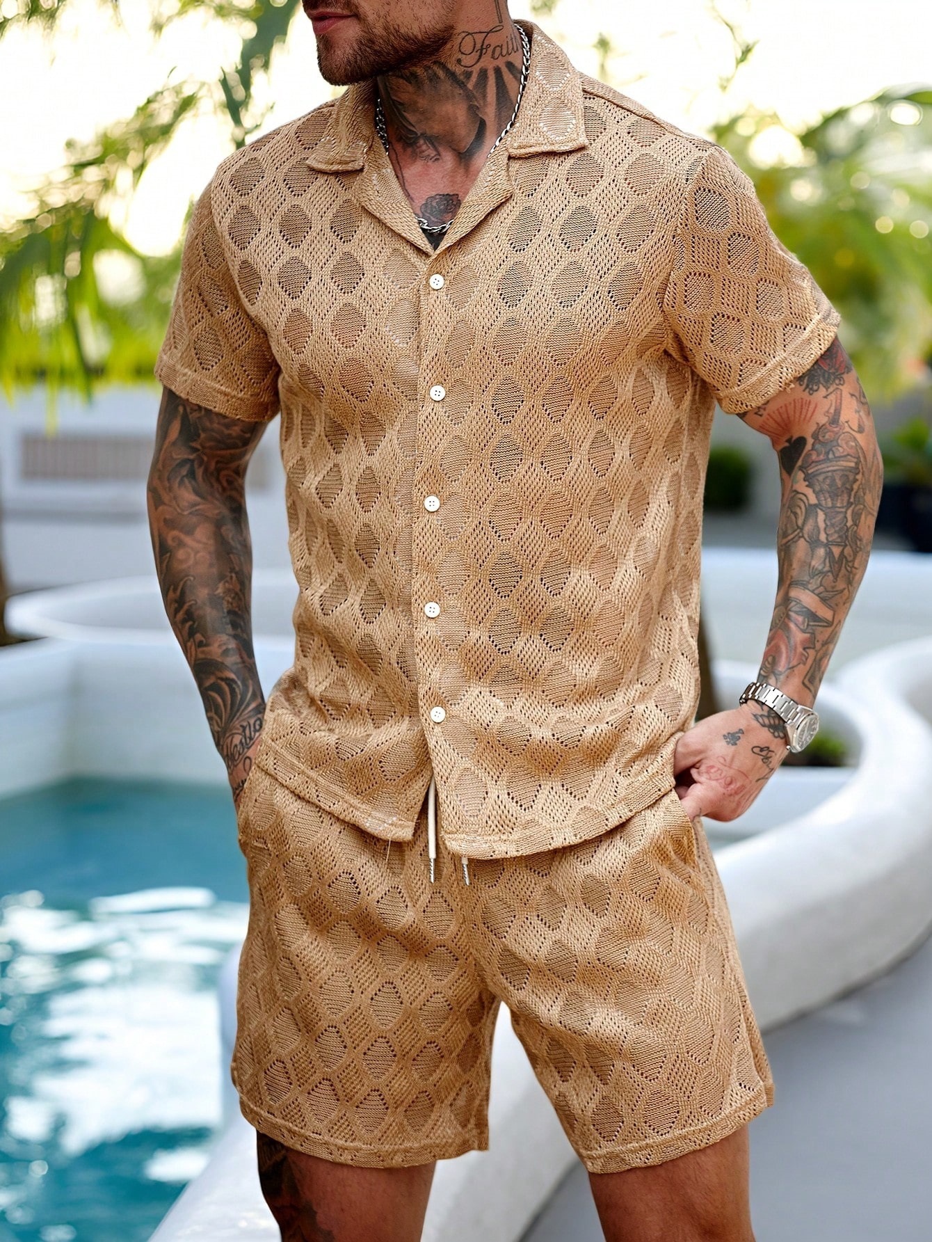 Comercio exterior transfronterizo retro camisa de botón de verano set de pantalones cortos 3D impresión casual vacaciones cardigan hombre set de dos piezas