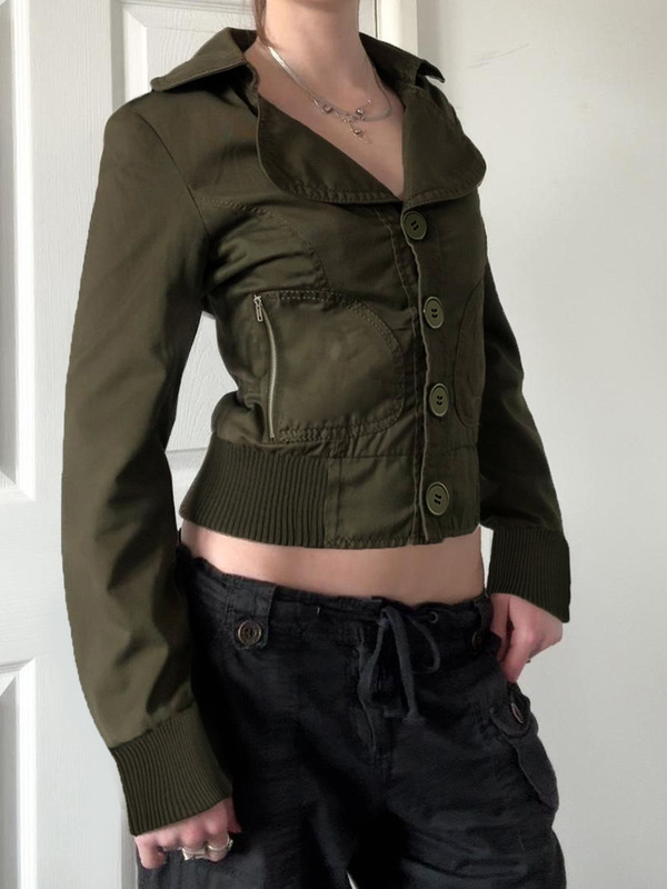 欧美机车风复古棕色工装收腰拉链显瘦夹克防风v领梭织上衣外套|undefined