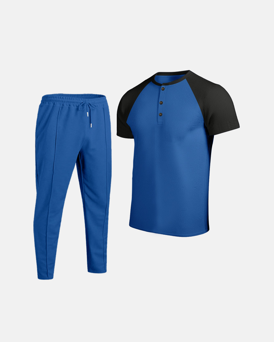 Men's Clothing Men's Summer Waffle Knit Crew Neck Color Block T-Shirt Short Sleeve Casual Outdoor Set For Formal & Casual_viptrois.com