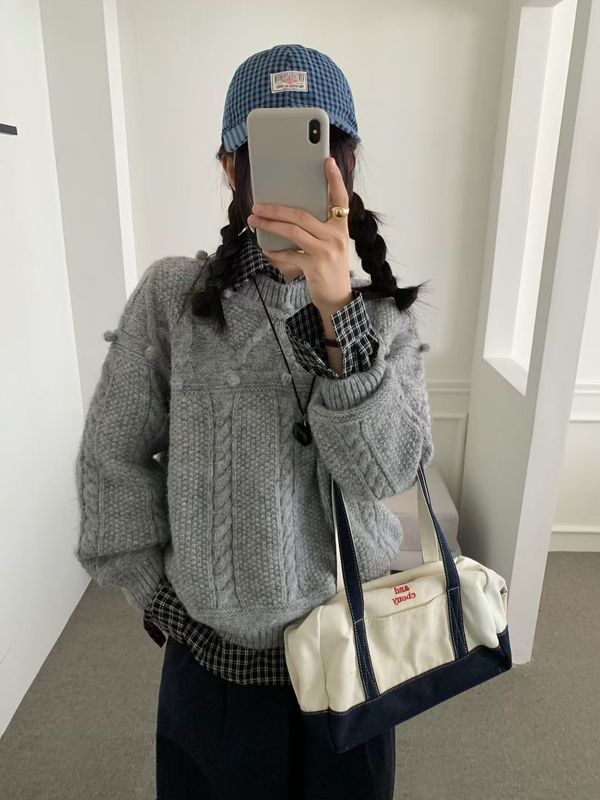 米白色圆领套头麻花毛衣女秋冬外穿慵懒高级感韩系温柔风上衣加厚|undefined