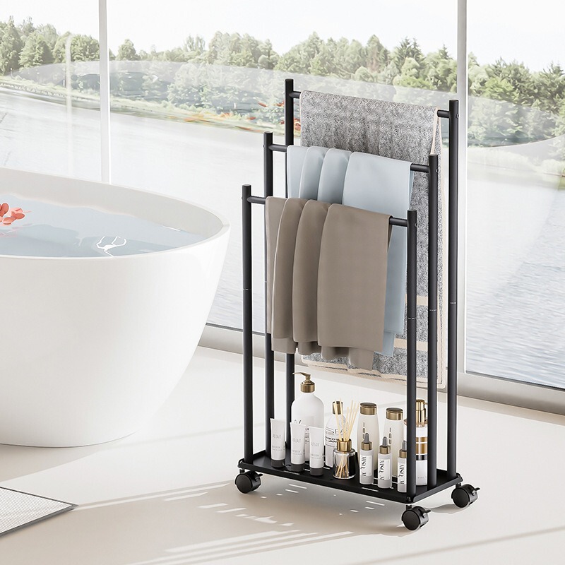 Carefully Selected Floor-Standing Multi-Layer Towel Rack, Movable Bath Towel Storage Rack, Household Multi-Functional Bathroom Towel Storage and Hanging Rack