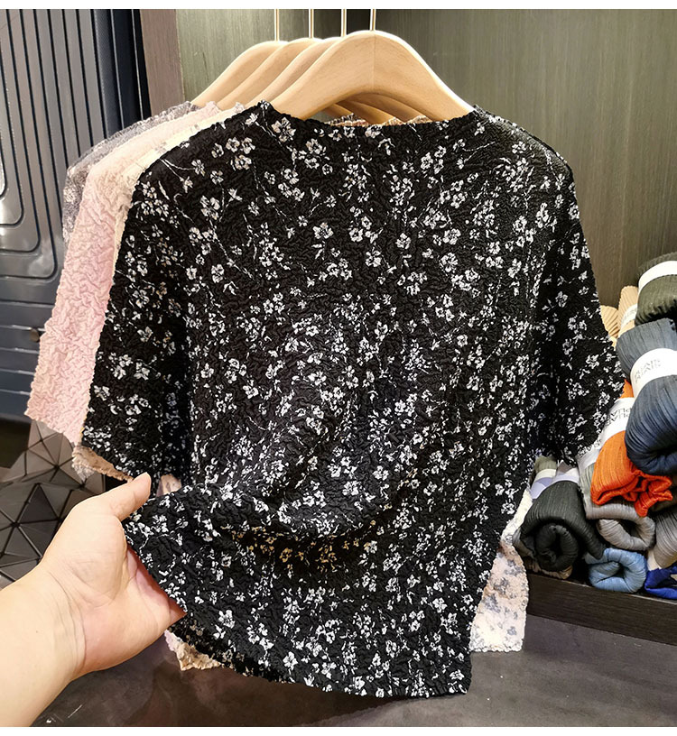 Áo thun cổ tròn tay ngắn hoa nhỏ cao cấp dáng rộng xếp ly nữ mùa hè — màu xanh nước biển, Màu đen, Màu hồng, Màu xám chi tiết 4