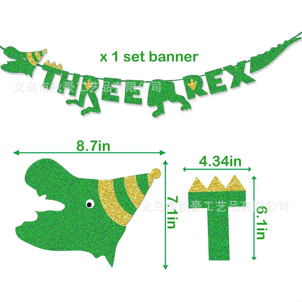 Decoración de fiesta con tema de dinosaurio Bandera de dinosaurio dinosaurio THREE REX rosa brillante rosa rosa rosa dorado flor de rosa