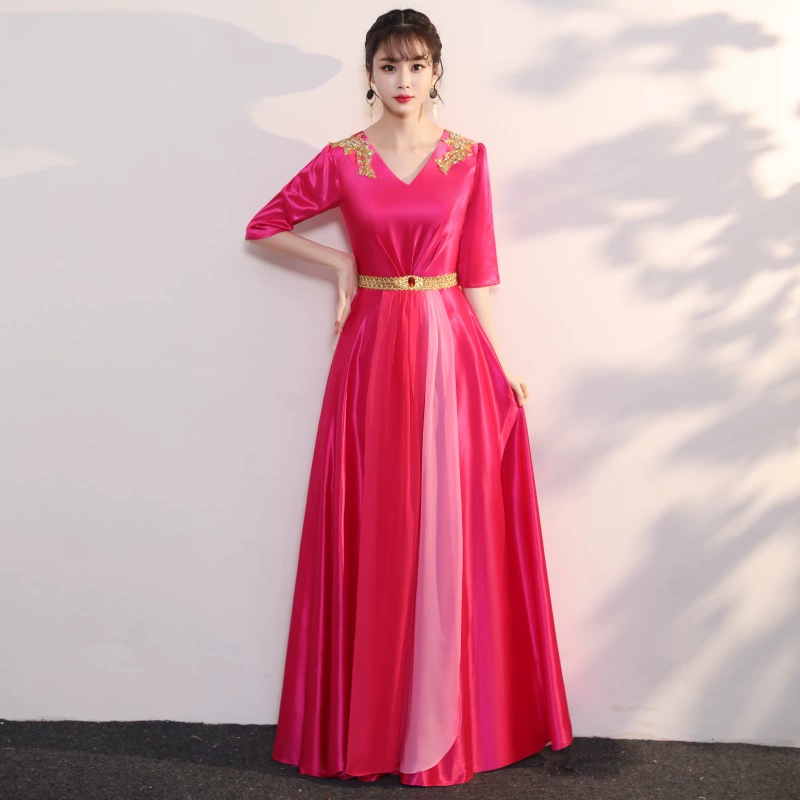 枫彩 Ruker Bear Chorus Performing Girls Long Skirt New Host Dress Red Song Solo Choir Performance