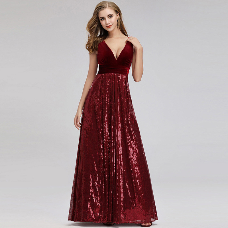Cross-border New European and American Dress V-neck Sleeveless Mop Sequins Large Swing Stitching Velvet Elegant Evening Dress for Performance
