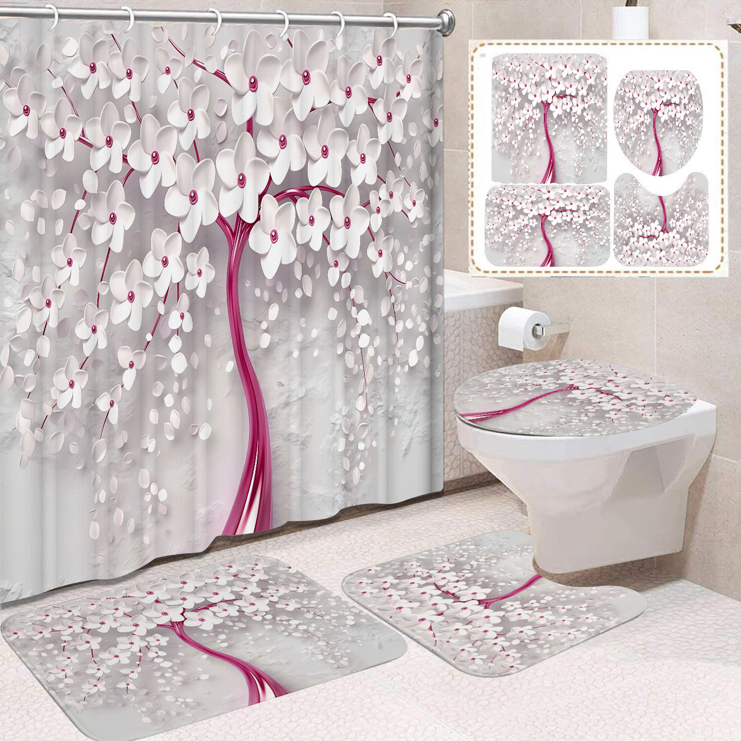 Flor blanca cortina de baño inodoro cortina de partición impermeable de baño cortina de lavado separación seca y húmeda cortina de puerta colgante sin agujeros