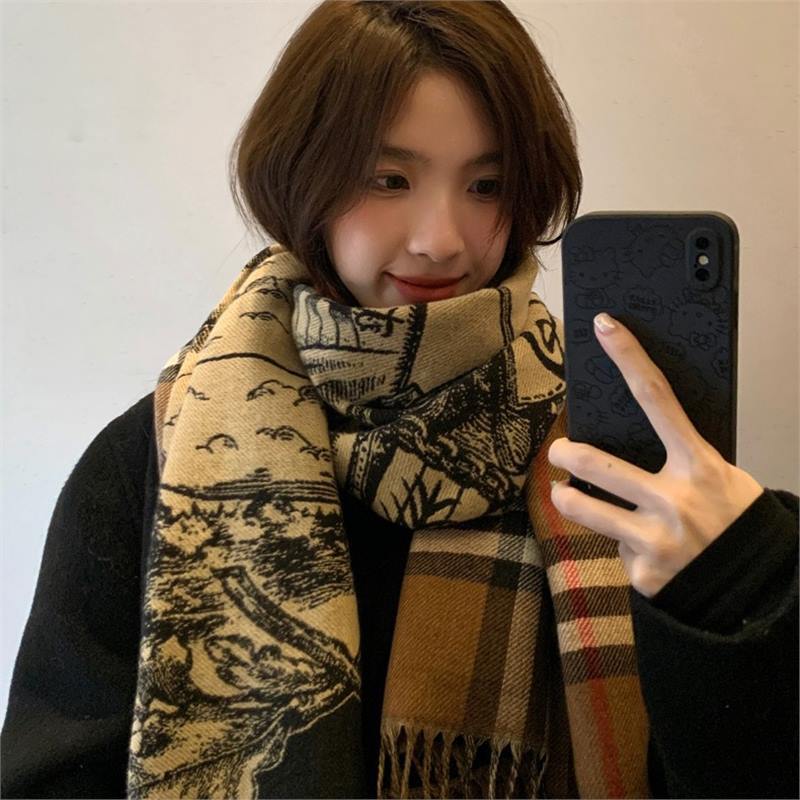 加厚战马格子双面仿羊绒围巾女冬季新款时尚流苏保暖外搭披肩围脖|undefined