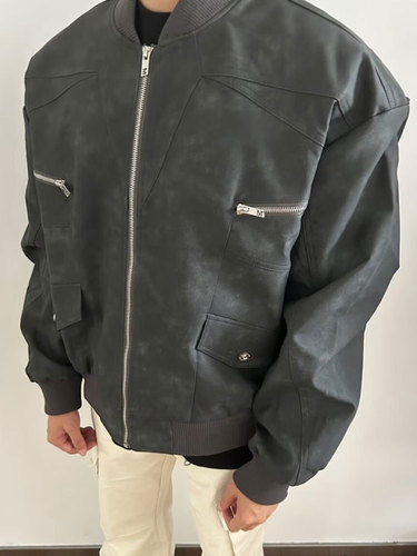 Trendy high-street suede velvet coat for men: autumn-style American retro casual edgy, cool, and relaxed-fit motorcycle jacket with a stand-up collar.