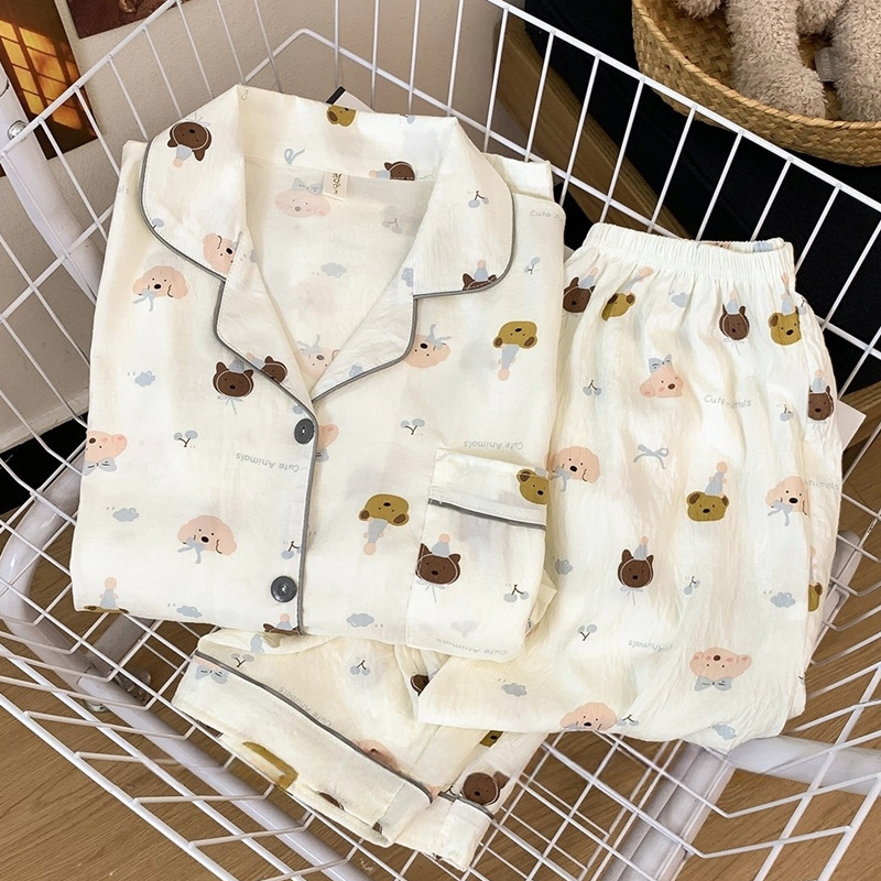 扎染条纹云朵纯棉纱睡衣女春秋季长袖简约可外穿开衫家居服夏套装|undefined