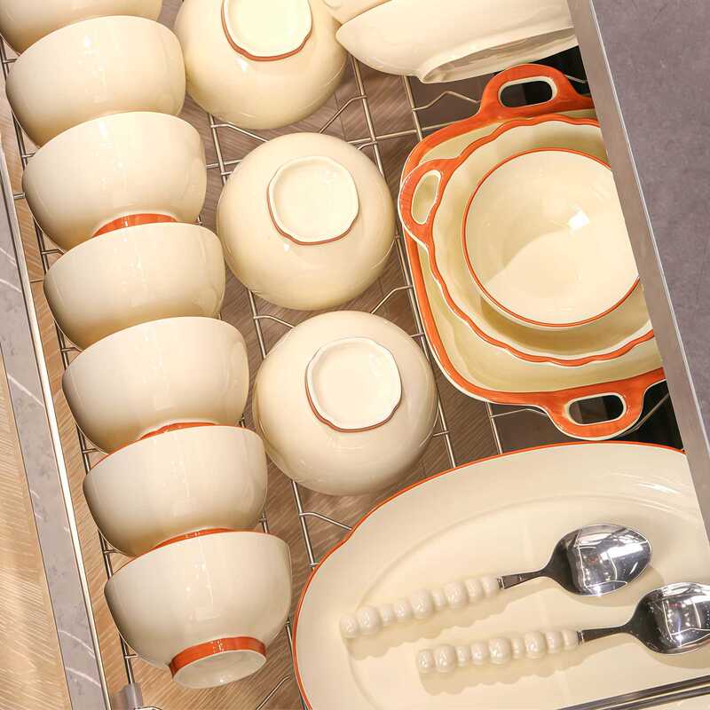 奶油色碗碟家用套装浅咖描边釉下彩碗盘陶瓷盘子饭碗简约汤碗组合|undefined
