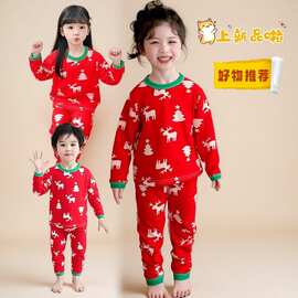 红色秋冬新款儿童德绒内衣套装中小童男童女童长袖秋衣秋裤两件套