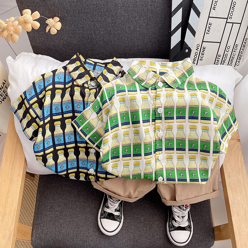 2023 new children's clothing summer boys' and girls' handsome bottle shirt thin short sleeve suit two-piece suit fashion wholesale