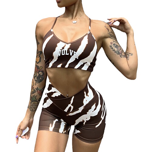 Suit European and American cross-border DARCSPORT wolf head zebra print fitness sports bra shorts women's high waist nylon