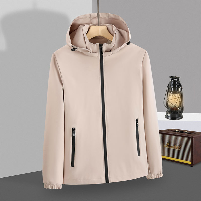 Primavera y otoño collar de pie con capucha chaqueta de una sola capa a prueba de viento impermeable ropa de trabajo al aire libre logotipo personalizado Grupo chaqueta de hombres y mujeres