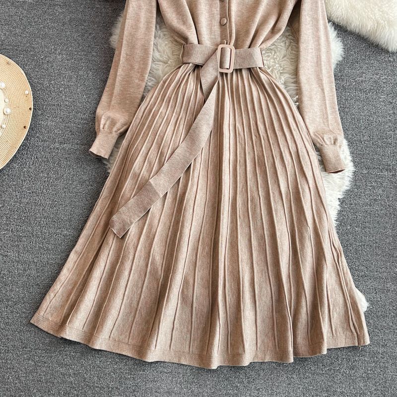 Abbigliamento da donna elegante temperamento scollo a V vita snellente medio e lungo abito in maglia plissettata linea A_voghion.com