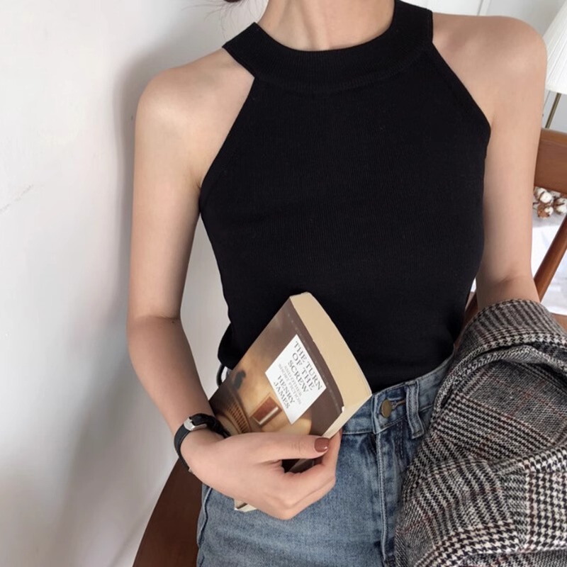 Black knitted halter vest camisole women's summer short knitted outer wear simple sleeveless bottoming shirt top fashion