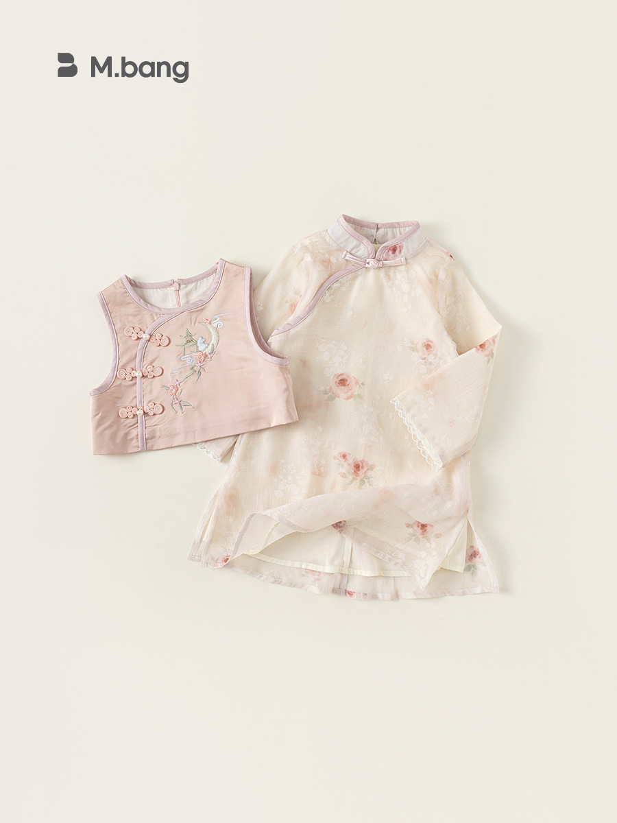 Yubao ropa para niños ropa de primavera y otoño ropa de niños chaleco de caballo cheongsam falda estilo antiguo dos juegos de ropa china