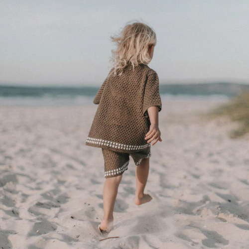 2025 Summer Baby Lace-Trimmed Collar Knit Crochet Cardigan Top + Shorts Set Baby Sweater Separate Boy