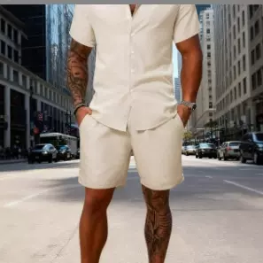 外贸跨境新款纯色衬衫套装夏季欧美男士衬衫套装 热销130g四面弹