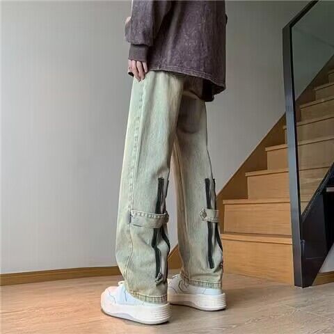 Men's Yellow Clay Color Denim Jeans Spring and Autumn Season Streetwear Cool Gangster American Style Micro Bell-bottom High Street Vibe Straight Leg Wide Leg Pants