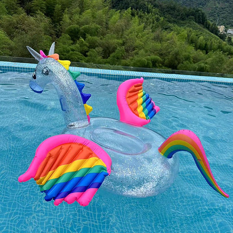 Transparent Pegasus, Instagram-worthy colorful rainbow horse unicorn mount, adult water toy with colorful wings, swimming ring.