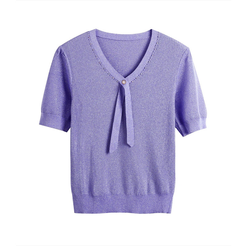Chanel Style V-neck Short-sleeved light purple Knit Sweater Women's Early Spring New 2025 Heavy Industry Beaded Elegant Ice Silk Top
