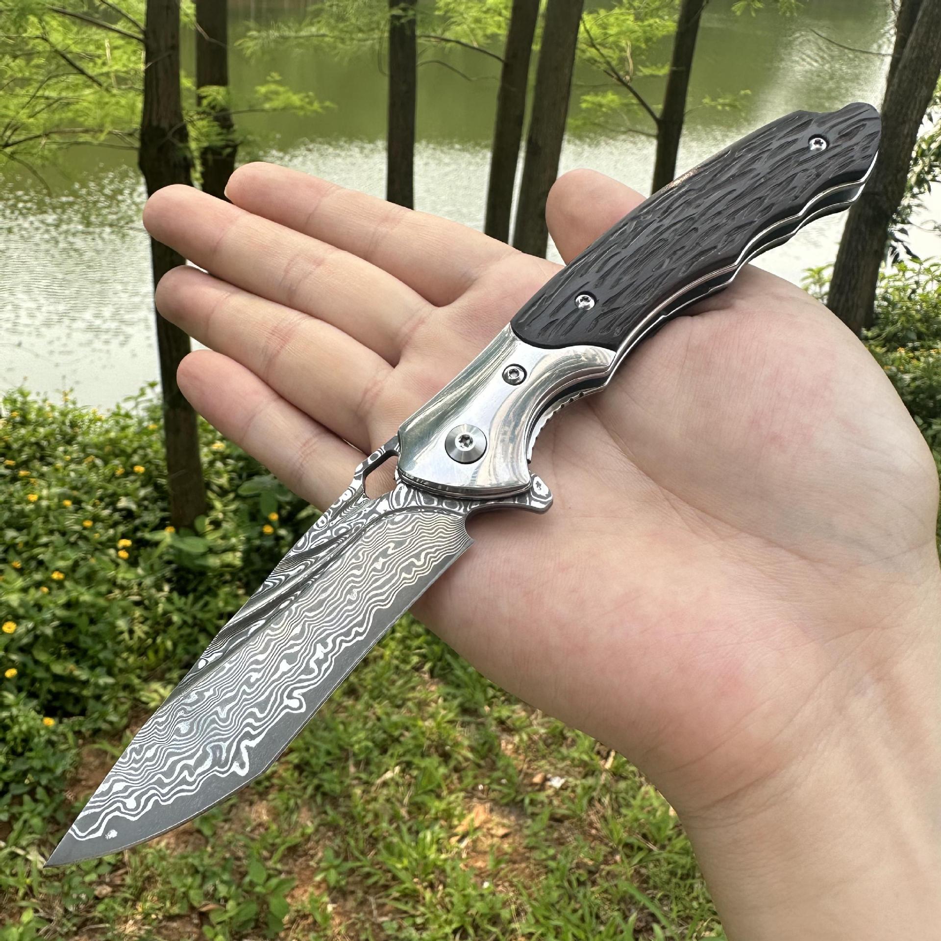 现货大马士革钢VG10钢芯刀片折叠口袋刀手工雕刻黑檀木手柄高质量