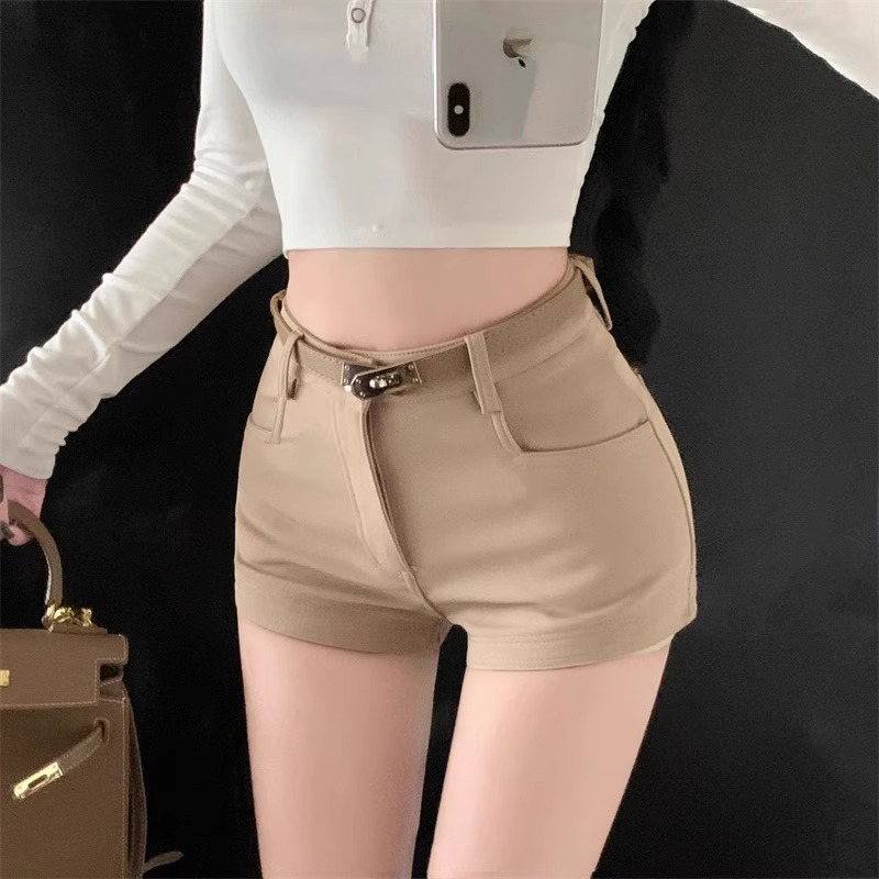 아메리칸 스타일 레트로 카키 캐주얼 반바지 여성 가을 높은 허리 슬리밍 스트레치 슬림 핫 핫 팬츠