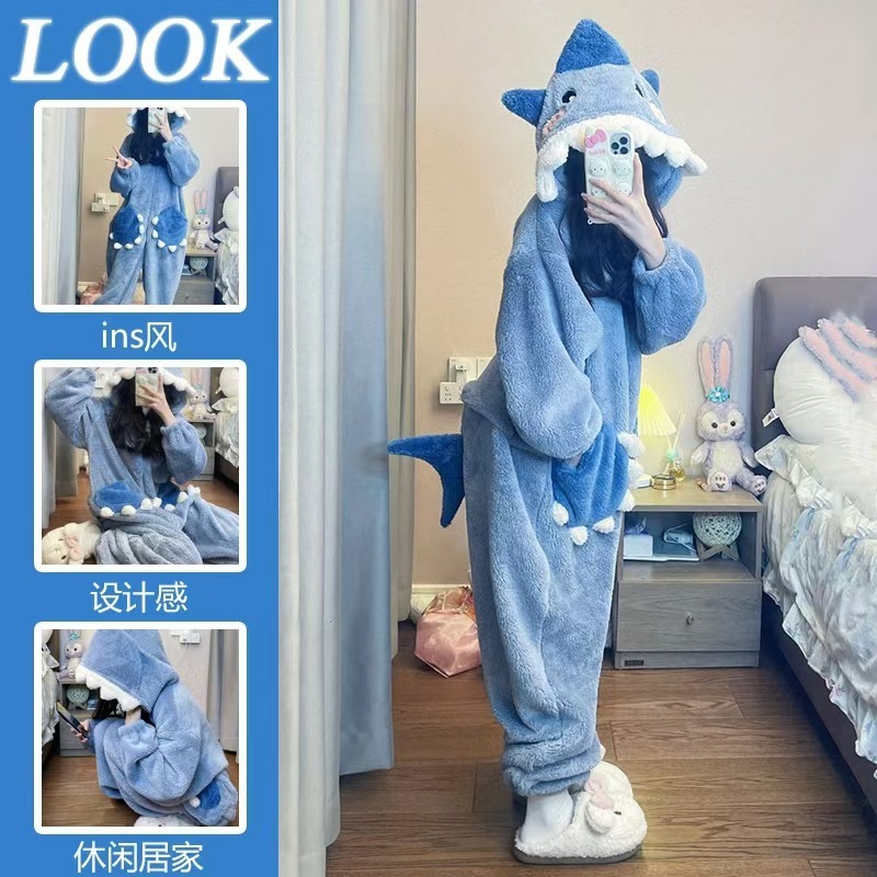 Sweet and Cute Shark Hooded Coral Fleece Pajamas Women's 2024 Autumn and Winter fleece-lined Thickened Warm Wearable Sweet and Cute Shark Hooded Coral Fleece Pajamas Women's 2024 Autumn and Winter fleece-lined Thickened Warm Wearable