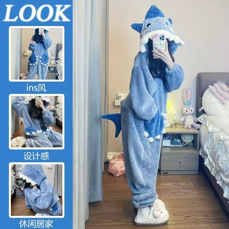 甜美可爱鲨鱼连帽珊瑚绒睡衣女2024秋冬款加绒加厚保暖连体可外穿