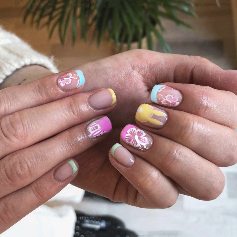 Pink Peach Blossom Press-On Nails, Popular in Europe and America, Easter Bunny Short Square Colorful Striped French Style Fake Nail Tips Pink Peach Blossom Press-On Nails, Popular in Europe and America, Easter Bunny Short Square Colorful Striped French Style Fake Nail Tips