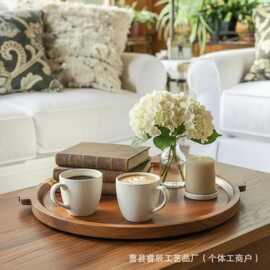 跨境木质餐盘家用圆形带手柄水果熟食盘咖啡厅下午茶咖啡点心托盘