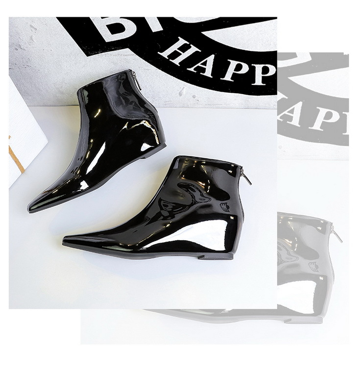 ShoeVault 6632-1 Korean Style Fashion Versatile Hidden Wedge Heel Shiny Patent Leather Short Slimming Women's And Ankle Boots_vogvips.com