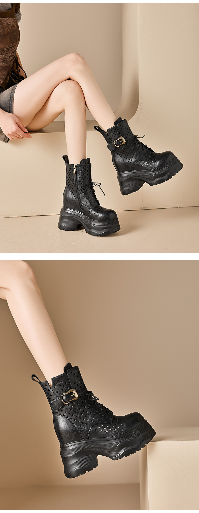 Boot nữ cổ cao ôm bắp chân đế platform gót 12 cm, phong cách hầm hố — màu nâu, màu đen chi tiết 6