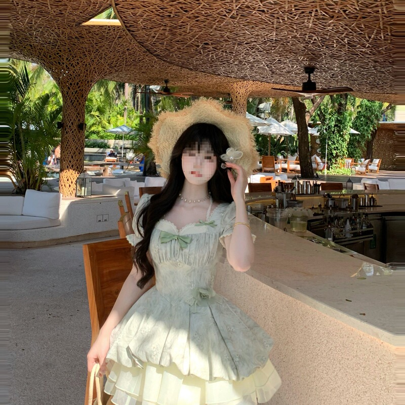 Blovelan Lime Ice Coconut Fresh Lace Puff Sleeve Jacquard Waist-Cinching Princess Puffy Dress for Girls