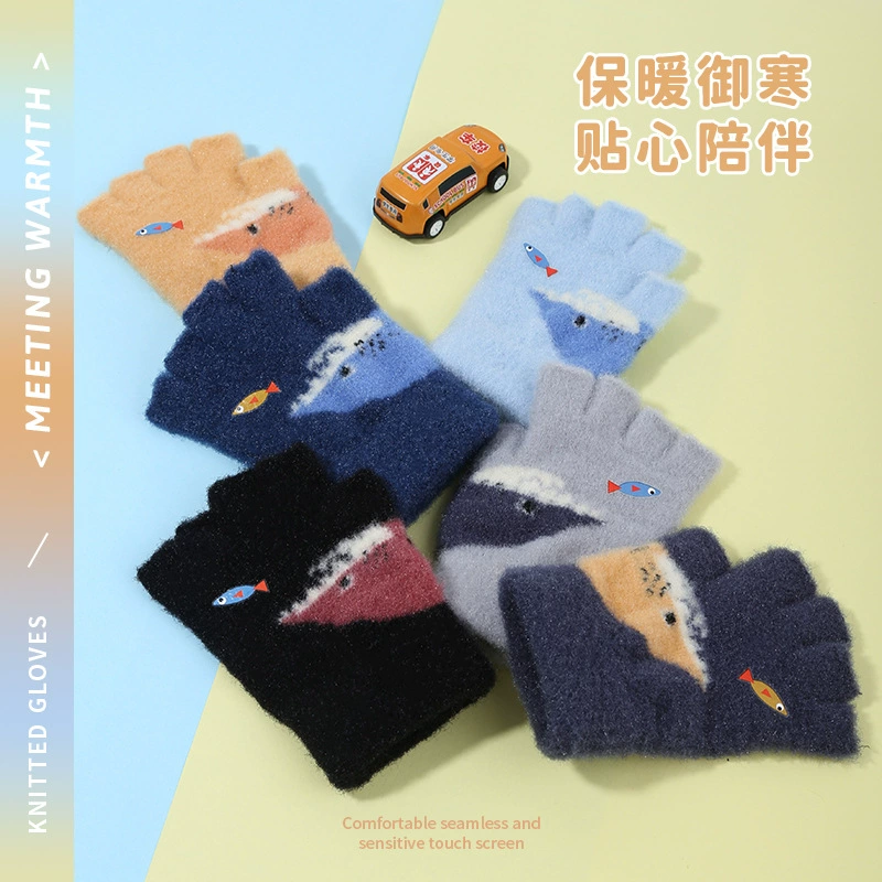 Осенне-зимние вязаные теплые перчатки, шерстяные Холодостойкие утолщенные перчатки на полупальца на флисовой подкладке, милые детские перчатки для учеников начальной школы с героями мультфильмов