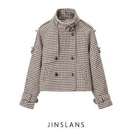 跨境ZA欧美风女装速卖通INS爆款时尚气质双排扣短款立领毛呢外套