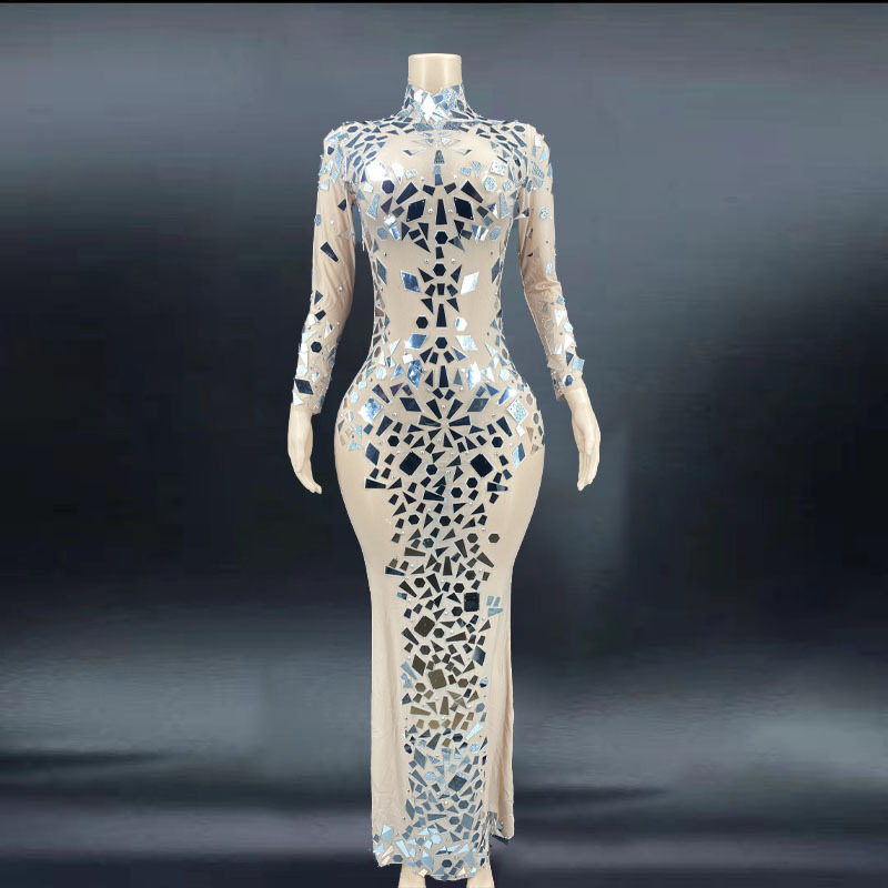 Geometric Sequin Dress Women Elegant Long Sleeve Prom Gorgeous Party Evening Dress Stunning Long Sleeve Wedding Fishtail