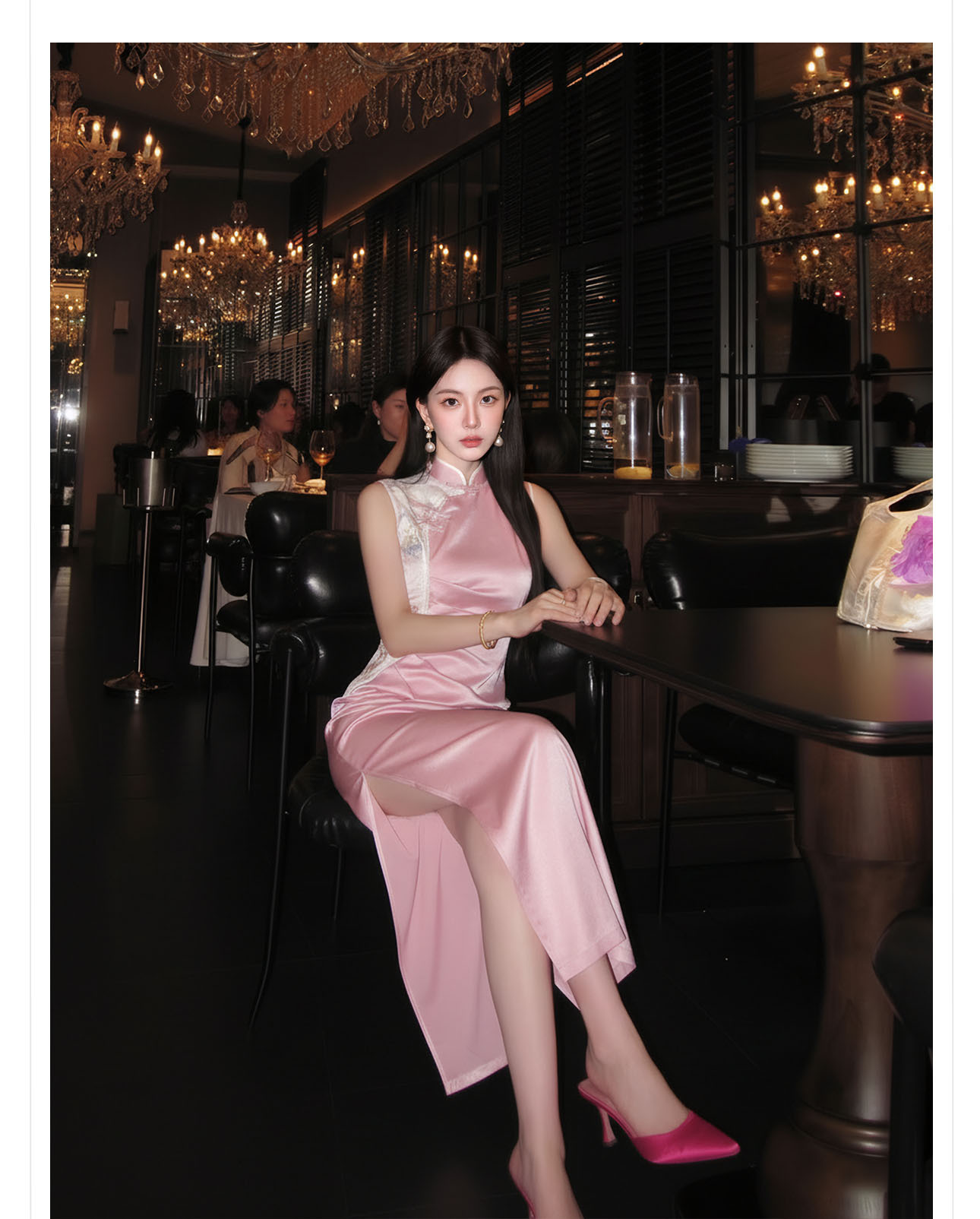 Đầm maxi nữ thắt eo cổ đứng thêu hoa phong cách Trung Hoa mùa hè — màu hồng chi tiết 2