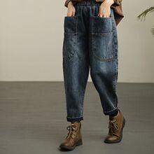 松紧腰牛仔裤女2025新款哈伦老爹裤胖MM垮裤复古做旧高腰大码裤子