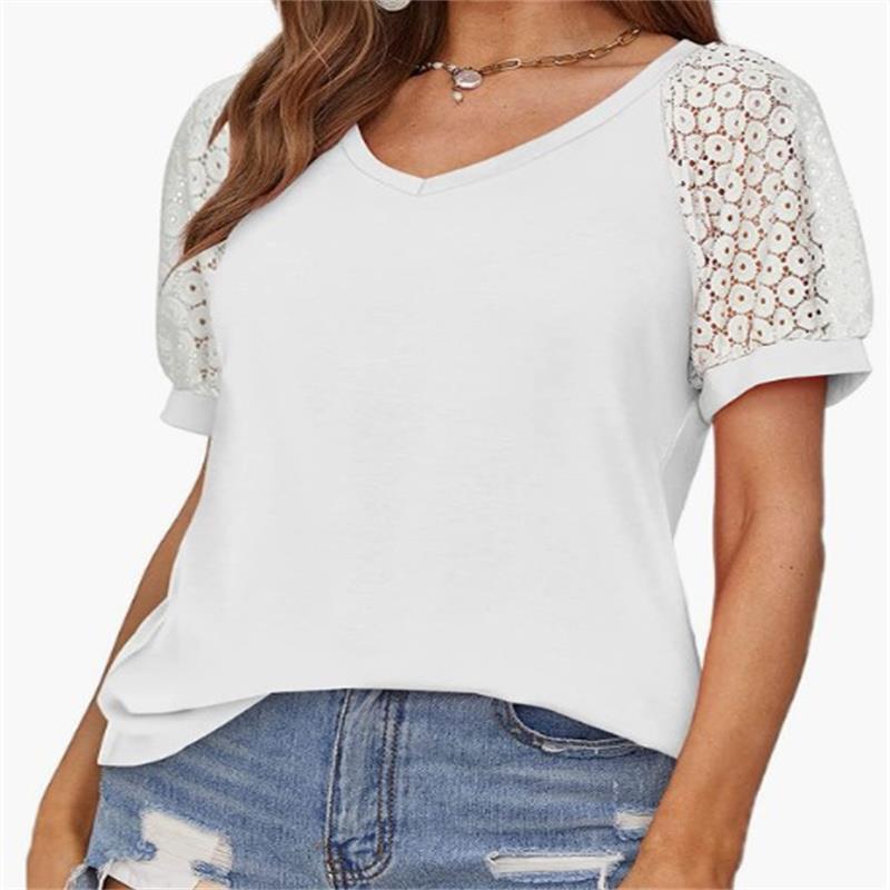 Cross-border Hot Selling 2023 Amazon Independent Station European and American Explosions V-Neck Lace Stitching Casual Loose Short-sleeved T-shirt