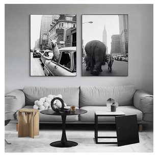 Amazon Creative Black and White European Street Elephant Alpaca Bedroom Living Room Canvas Decorative Painting Core Hanging Painting Frameless