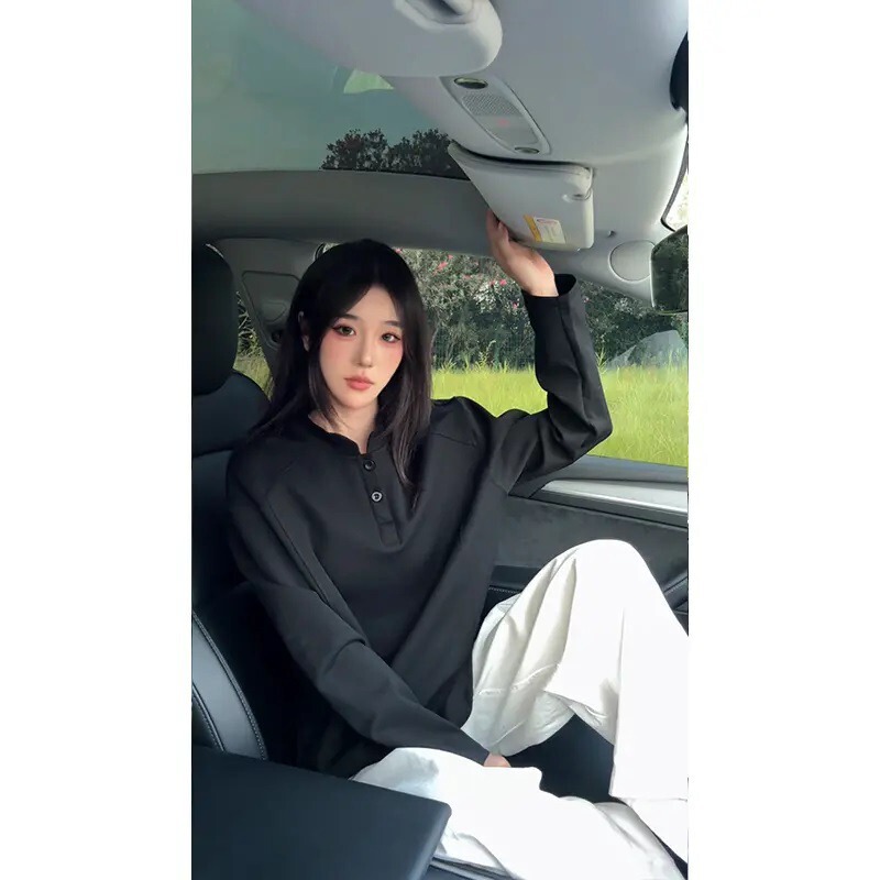 灰色亨利领长袖polo衫男款美式解构拼接正肩t恤boxy版型内搭卫衣|undefined
