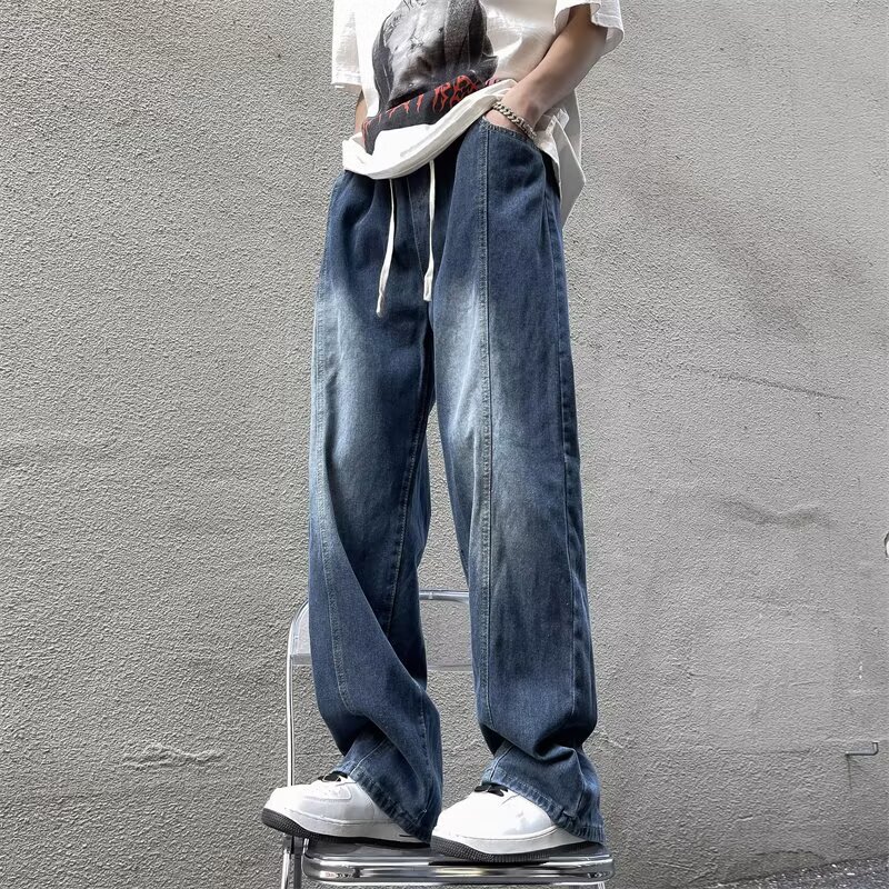 Spring and Autumn American-Style Casual Cool Washed Retro Jeans for Men, Straight Loose High Street Elastic Waist Wide-Leg Pants Spring and Autumn American-Style Casual Cool Washed Retro Jeans for Men, Straight Loose High Street Elastic Waist Wide-Leg Pants
